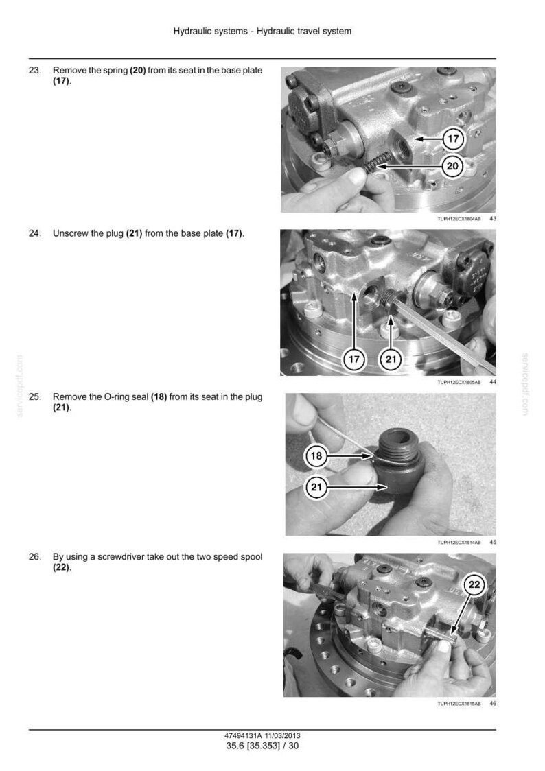 May include: A grayscale diagram illustrating steps for hydraulic system maintenance. The images show components like springs, plugs, and O-ring seals being removed and reassembled. Text labels identify each part for clarity.