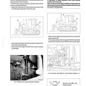 K&ouml;nnte beinhalten: Eine technische Handbuchseite mit dem Titel D180 Seite 41, die das Kippen der Kabine bei Baumaschinen beschreibt. Sie enth&auml;lt schwarz-wei&szlig;e Strichzeichnungen eines Bulldozers, ein Foto des Drosselhebels G und Diagramme von Ventilen.