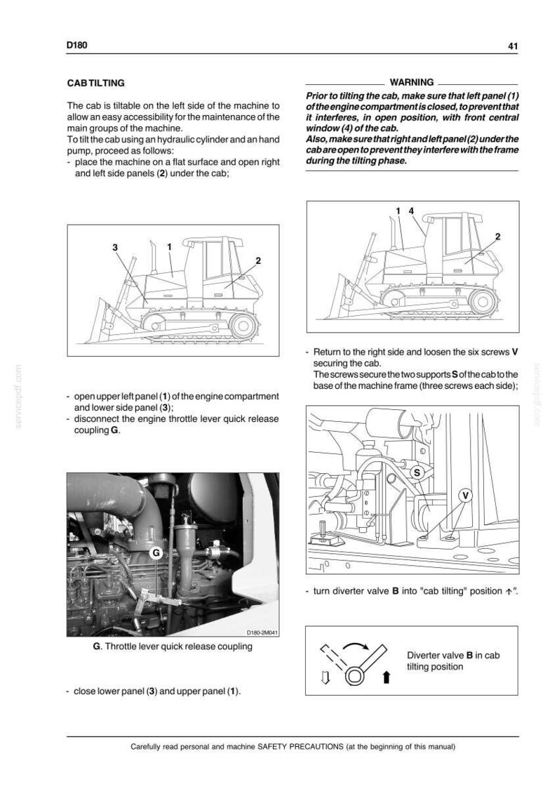 K&ouml;nnte beinhalten: Eine technische Handbuchseite mit dem Titel D180 Seite 41, die das Kippen der Kabine bei Baumaschinen beschreibt. Sie enth&auml;lt schwarz-wei&szlig;e Strichzeichnungen eines Bulldozers, ein Foto des Drosselhebels G und Diagramme von Ventilen.