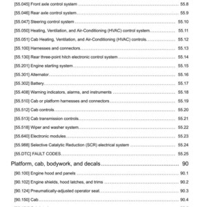 Op de afbeelding: Een wit document met een lijst van voertuigsysteemcomponenten, waaronder motor, transmissie en cabinebediening. Het document bevat sectienummers en paginanummers. De datum is 13/04/2017.