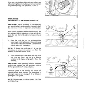 May include: A technical manual page titled Section 4 - Lubrication and Maintenance, featuring three black and white line drawings. The diagrams illustrate an air cleaner assembly and the steps to drain a fuel system water separator with numbered parts.