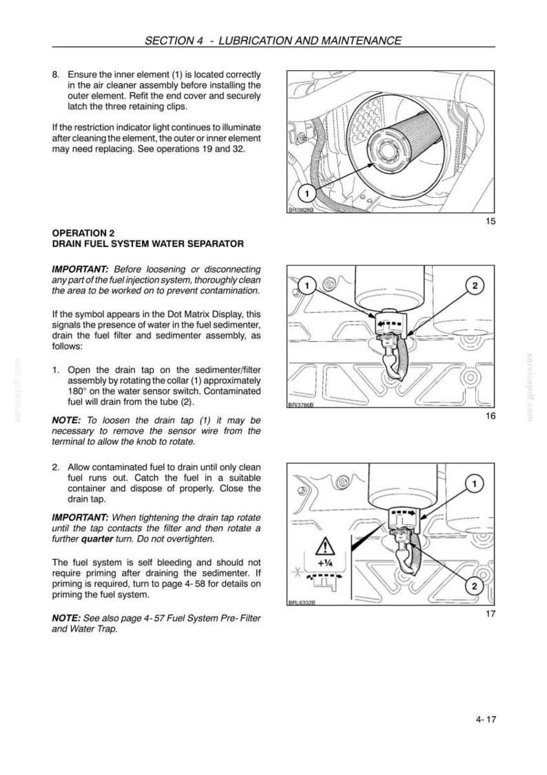 May include: A technical manual page titled Section 4 - Lubrication and Maintenance, featuring three black and white line drawings. The diagrams illustrate an air cleaner assembly and the steps to drain a fuel system water separator with numbered parts.