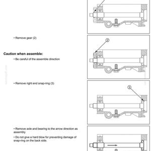 May include: Diagram of a transmission assembly with labels and instructions. The image includes detailed illustrations of components, including snap-rings, gears, and axles, with arrows indicating assembly directions. Text includes "Transmission" and "Page 25".