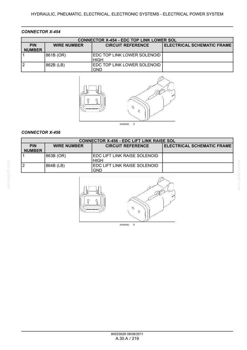 May include: Diagram of electrical connectors X-454 and X-456, detailing pin numbers, wire numbers, circuit references, and electrical schematic frames. Includes illustrations of the connectors and associated text.