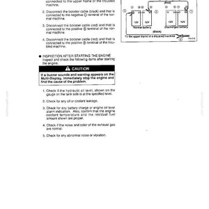 May include: A technical manual page titled OPERATION detailing the procedure for disconnecting booster cables. It includes a numbered diagram showing battery connections and a caution section regarding engine inspection, warning lights, and fluid levels.