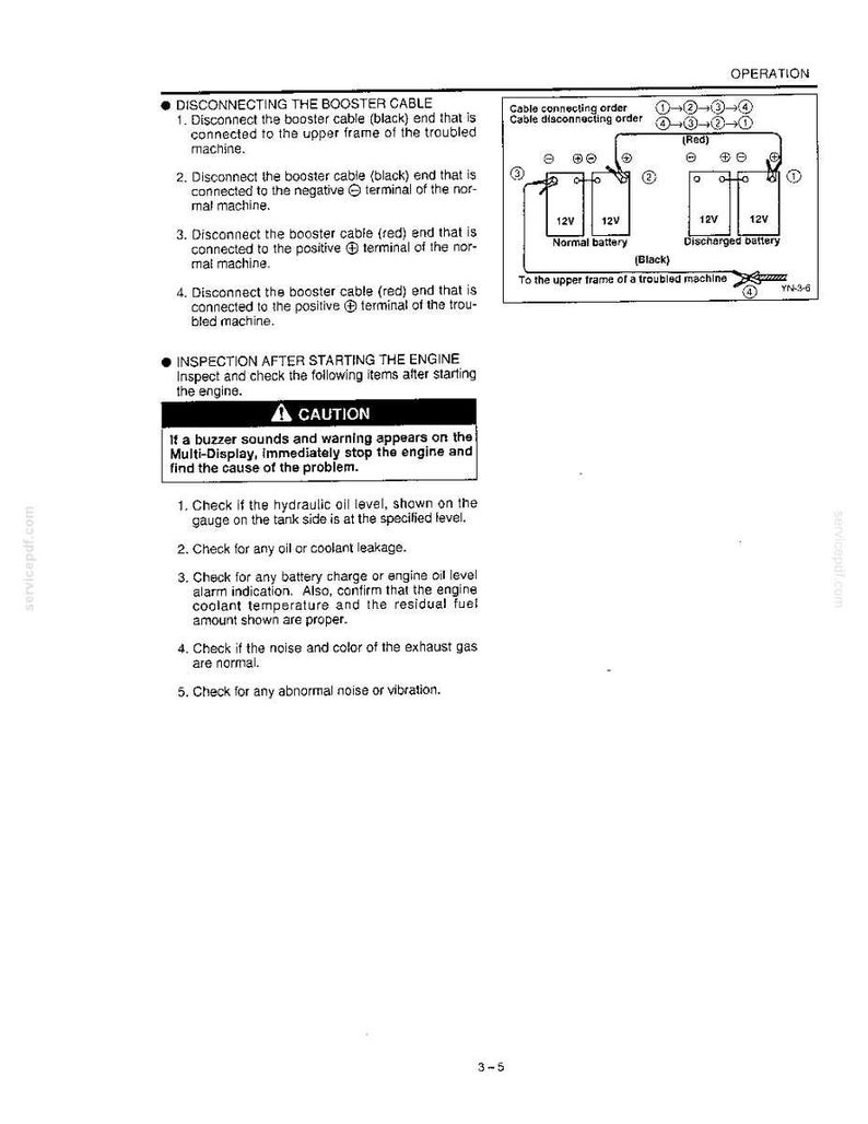 May include: A technical manual page titled OPERATION detailing the procedure for disconnecting booster cables. It includes a numbered diagram showing battery connections and a caution section regarding engine inspection, warning lights, and fluid levels.