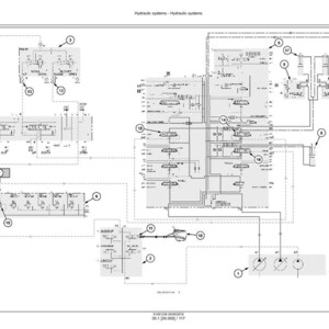 Pu&ograve; includere: Un diagramma tecnico dettagliato di un sistema idraulico, reso in bianco e nero. Il diagramma presenta numerosi componenti, linee e simboli interconnessi, con etichette e annotazioni. Il titolo "Hydraulic systems - Hydraulic systems" &egrave; in alto.
