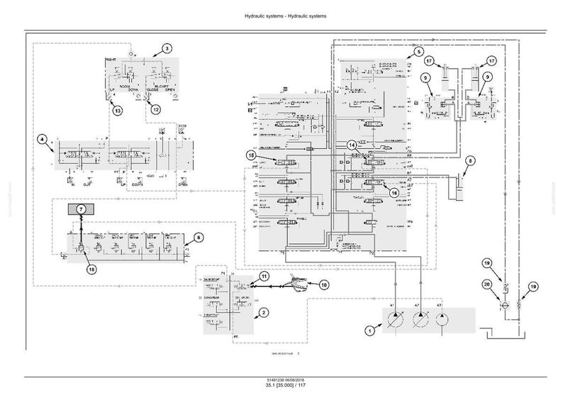 Pu&ograve; includere: Un diagramma tecnico dettagliato di un sistema idraulico, reso in bianco e nero. Il diagramma presenta numerosi componenti, linee e simboli interconnessi, con etichette e annotazioni. Il titolo "Hydraulic systems - Hydraulic systems" &egrave; in alto.