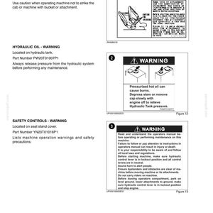 Pu&ograve; includere: Una pagina di documento tecnico intitolata Chapter 2 - Safety, Decals, and Hand Signals. Mostra tre etichette di sicurezza con testo e illustrazioni, inclusi avvisi sul movimento del braccio, pressione dell'olio idraulico e procedure operative.