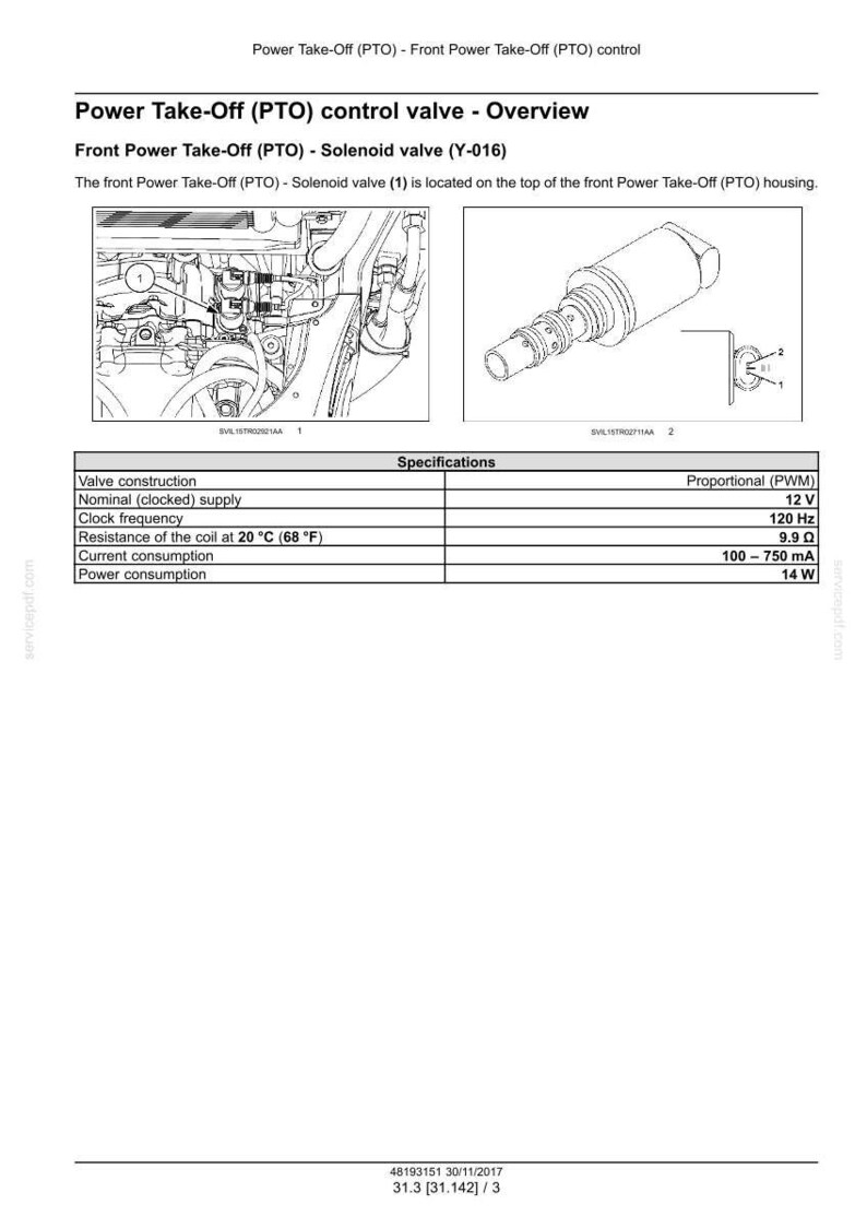 May include: Diagram of a Power Take-Off (PTO) control valve, including an overview and specifications. The image shows a solenoid valve with a detailed view and a table with technical data, including voltage, frequency, and resistance.