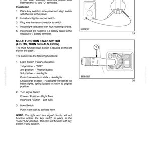 May include: Diagram of electrical components, including a key switch and multi-function stalk switch. The text describes installation steps and switch functions for lights, turn signals, and horn.