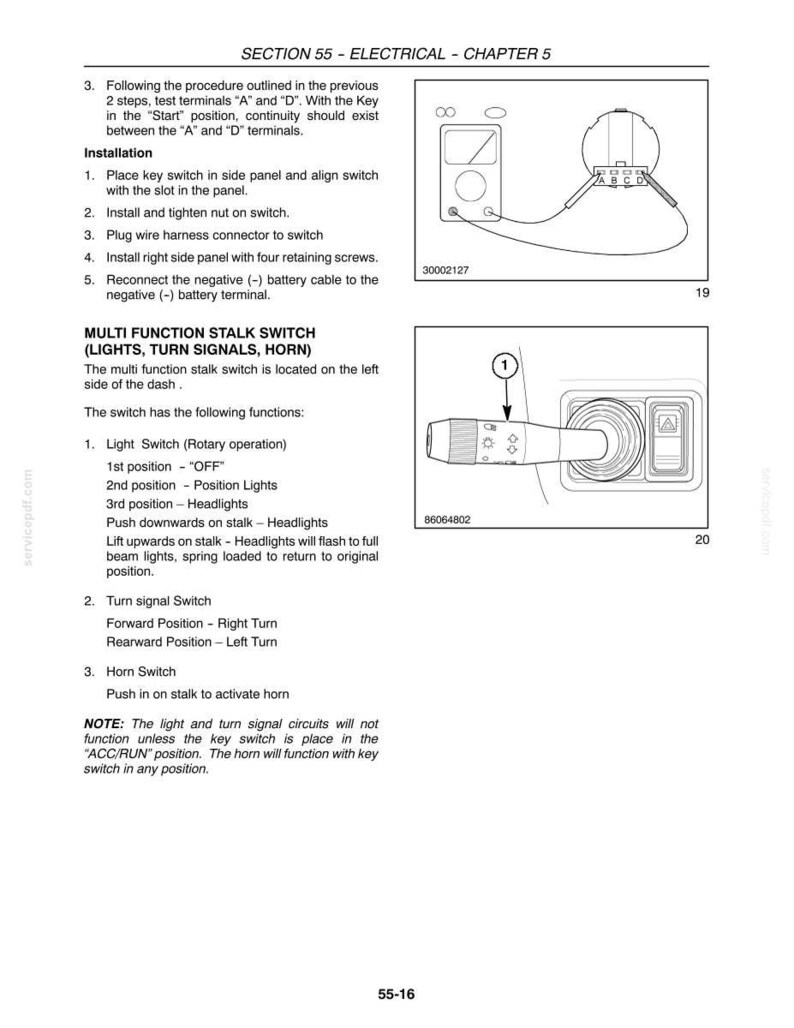 May include: Diagram of electrical components, including a key switch and multi-function stalk switch. The text describes installation steps and switch functions for lights, turn signals, and horn.