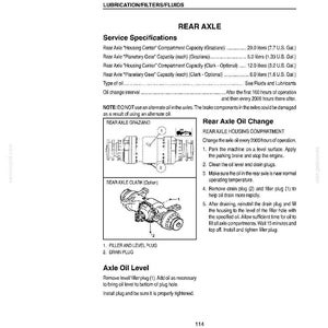 Puede incluir: P&aacute;gina de un manual de servicio que detalla las especificaciones del eje trasero y los procedimientos de cambio de aceite. Incluye diagramas de los componentes del eje, medidas de capacidad en litros y galones estadounidenses e instrucciones.