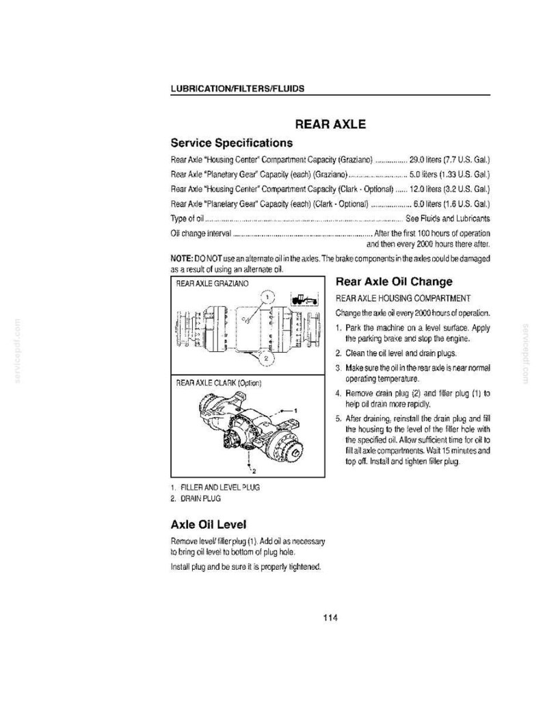 Puede incluir: P&aacute;gina de un manual de servicio que detalla las especificaciones del eje trasero y los procedimientos de cambio de aceite. Incluye diagramas de los componentes del eje, medidas de capacidad en litros y galones estadounidenses e instrucciones.