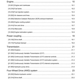 May include: A page from a manual titled "Contents" with a detailed list of engine components, power coupling, transmission, four-wheel drive system, and front axle system. The document includes section numbers and page numbers.