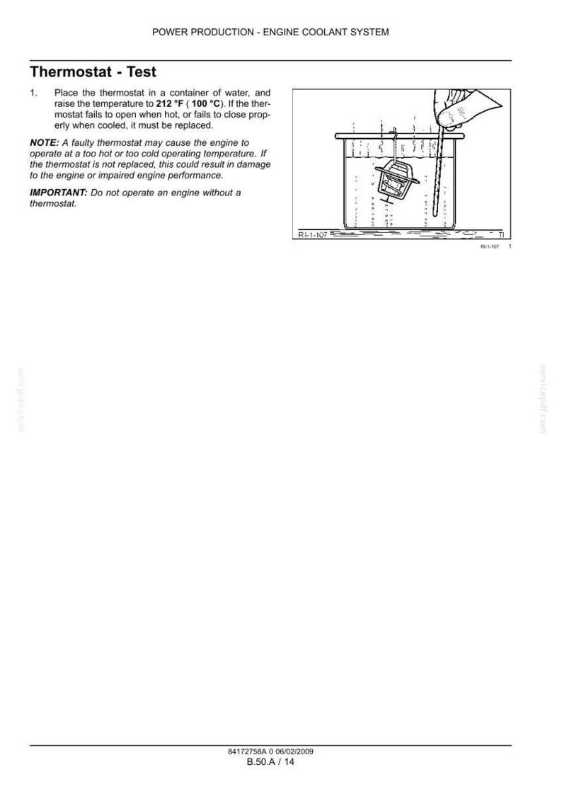 May include: Diagram illustrating a thermostat test within a container of water, with text explaining the process and potential consequences of a faulty thermostat. The image includes the text "POWER PRODUCTION - ENGINE COOLANT SYSTEM".
