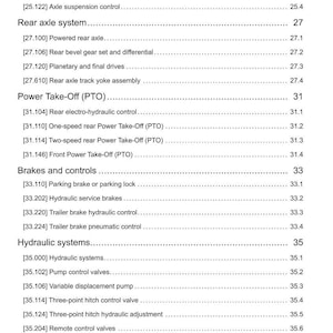 May include: A detailed technical document with a white background, listing various mechanical systems and components. Sections include Powered Front Axle, Rear Axle System, Power Take-Off (PTO), Brakes and Controls, and Hydraulic Systems.