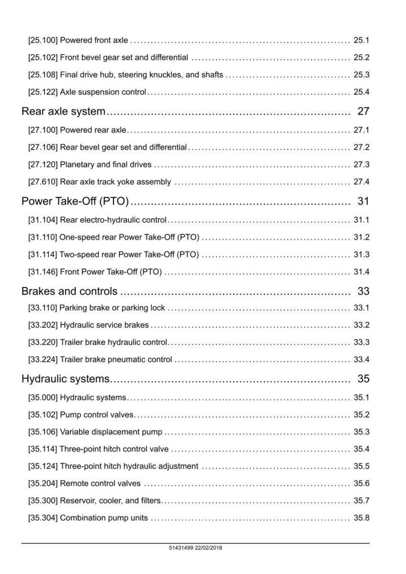 May include: A detailed technical document with a white background, listing various mechanical systems and components. Sections include Powered Front Axle, Rear Axle System, Power Take-Off (PTO), Brakes and Controls, and Hydraulic Systems.