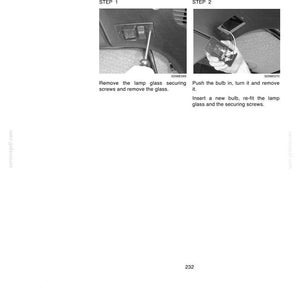May include: A black and white technical manual page titled ELECTRICAL SYSTEM EDC - Spot. It features two instructional images showing the removal of a lamp glass with a screwdriver and the replacement of a light bulb, accompanied by text instructions.