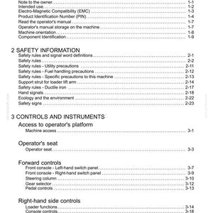 May include: A page from a manual titled "Contents". The document lists sections including General Information, Safety Information, and Controls and Instruments. Text is black on a white background.
