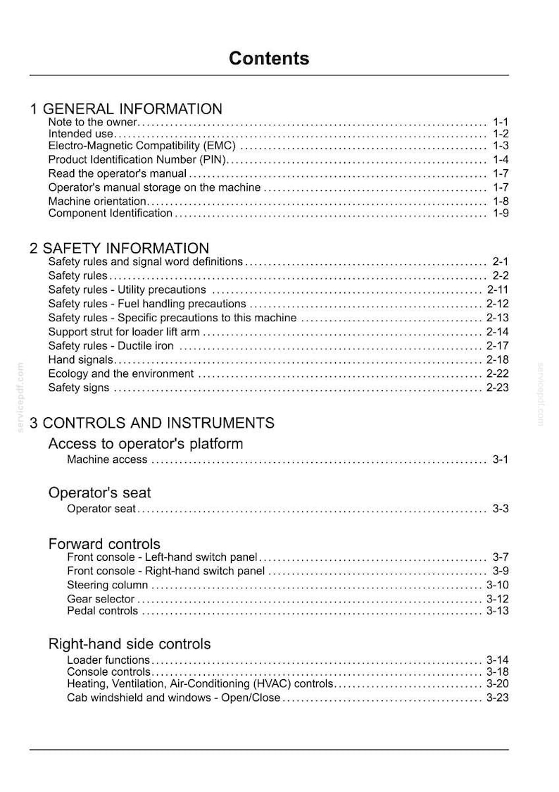 May include: A page from a manual titled "Contents". The document lists sections including General Information, Safety Information, and Controls and Instruments. Text is black on a white background.