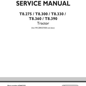 Pu&ograve; includere: Una copertina bianca di un manuale di servizio con testo nero. Il titolo "SERVICE MANUAL" &egrave; in alto. Sotto, elenca i modelli di trattori T8.275 a T8.390. Il logo New Holland Agriculture si trova in basso a destra.