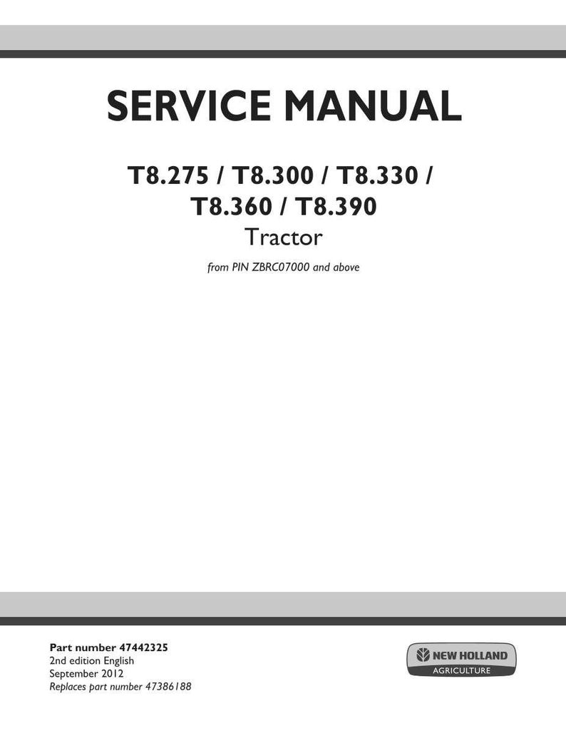 Pu&ograve; includere: Una copertina bianca di un manuale di servizio con testo nero. Il titolo "SERVICE MANUAL" &egrave; in alto. Sotto, elenca i modelli di trattori T8.275 a T8.390. Il logo New Holland Agriculture si trova in basso a destra.
