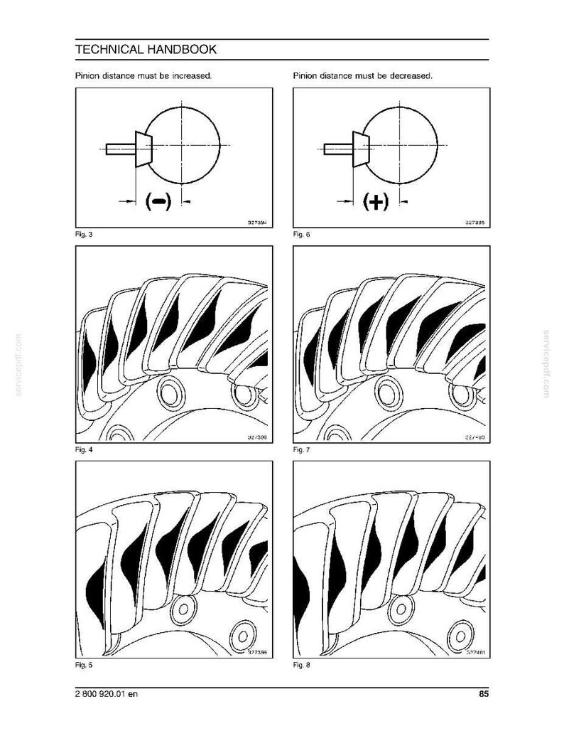 May include: Technical handbook page with diagrams. Includes illustrations of mechanical components, with labels indicating adjustments to pinion distance. The diagrams are in black and white, with text in English.