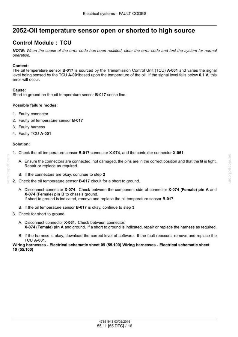 May include: A document detailing fault codes for electrical systems, specifically focusing on oil temperature sensor issues. The text provides troubleshooting steps, including checking connectors and circuits, with references to specific components like the TCU and connectors X-074 and X-061.
