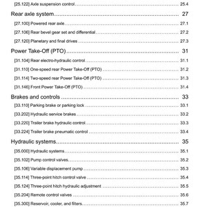 May include: A detailed technical document page with a list of mechanical components, including axles, brakes, and hydraulic systems. The text is black on a white background, with section numbers and subheadings for easy navigation.