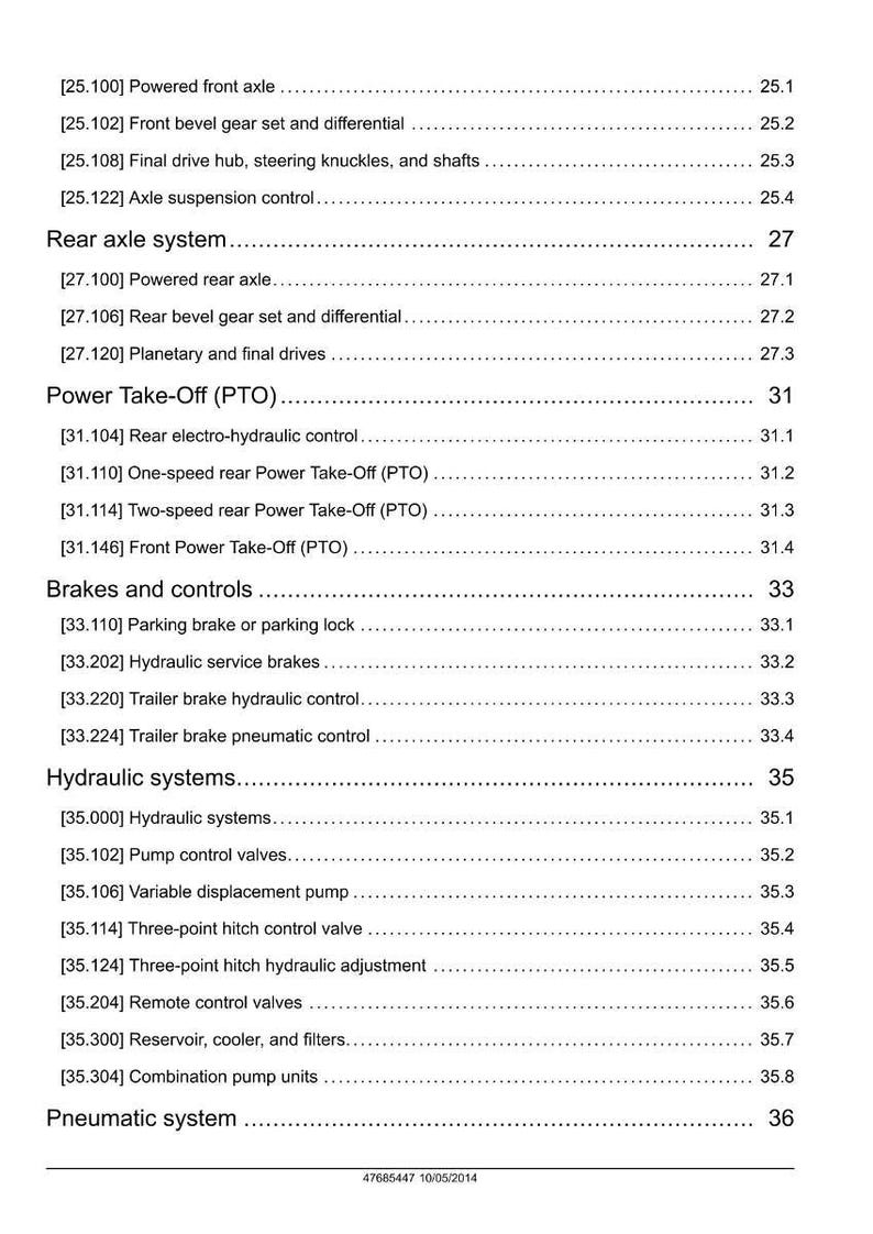May include: A detailed technical document page with a list of mechanical components, including axles, brakes, and hydraulic systems. The text is black on a white background, with section numbers and subheadings for easy navigation.
