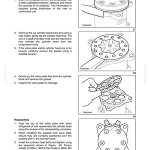May include: Diagram of cylinder head servicing instructions, including disassembly and reassembly steps. The image shows various components like bolts, valve plates, and gaskets, with torque specifications in lbf.ft.