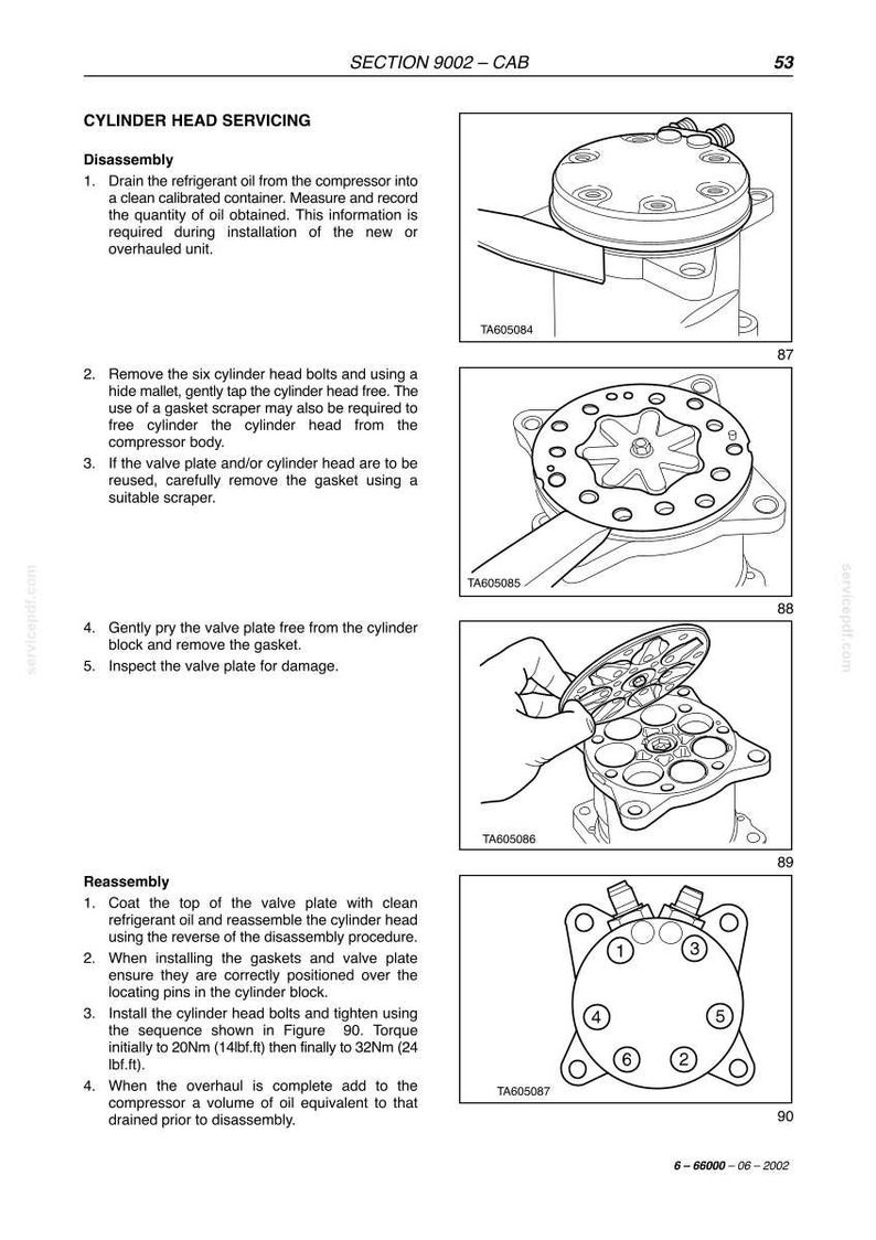 May include: Diagram of cylinder head servicing instructions, including disassembly and reassembly steps. The image shows various components like bolts, valve plates, and gaskets, with torque specifications in lbf.ft.