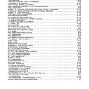 May include: A black and white table of contents page from a technical manual, listing various tractor components and operational settings such as external power connectors, hydraulic systems, transmission controls, and tire pressure specifications.