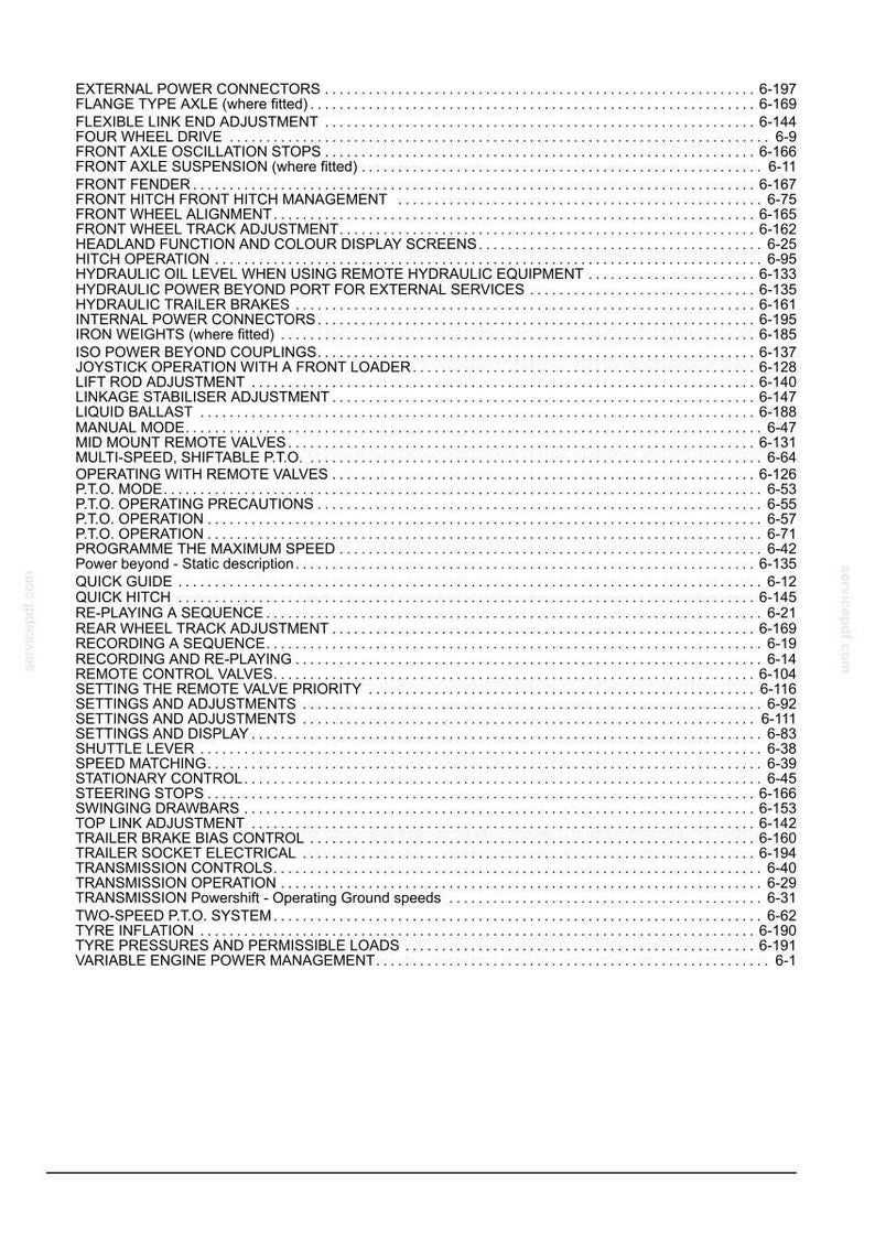 May include: A black and white table of contents page from a technical manual, listing various tractor components and operational settings such as external power connectors, hydraulic systems, transmission controls, and tire pressure specifications.