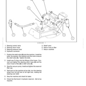 May include: Diagram of a steering circuit relief valve installation, with labeled components including hoses, valves, and connectors. Instructions are provided for the installation process, including tightening bolts and checking for leaks.