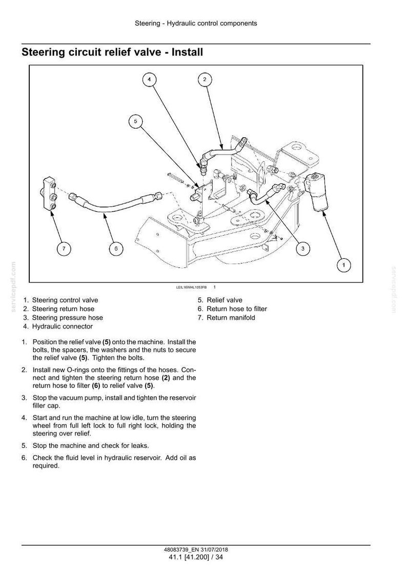 May include: Diagram of a steering circuit relief valve installation, with labeled components including hoses, valves, and connectors. Instructions are provided for the installation process, including tightening bolts and checking for leaks.