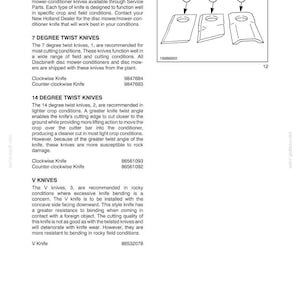 May include: Diagram of agricultural equipment knives, including 7-degree twist knives, 14-degree twist knives, and V knives. The image includes part numbers and a section title: "ATTACHMENTS/HEADERS - CHAPTER 1."