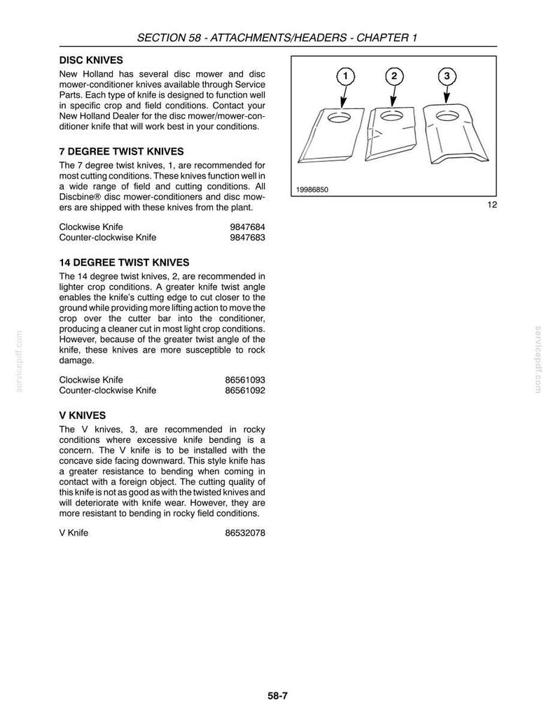 May include: Diagram of agricultural equipment knives, including 7-degree twist knives, 14-degree twist knives, and V knives. The image includes part numbers and a section title: "ATTACHMENTS/HEADERS - CHAPTER 1."