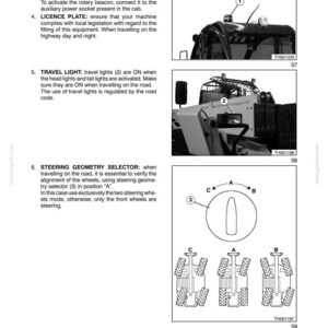 May include: Diagram from a manual showing safety features and vehicle optional safety. Includes images of a vehicle with a rotary beacon, travel lights, and a steering geometry selector. Text explains each feature.