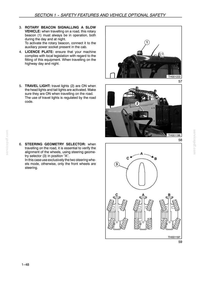 May include: Diagram from a manual showing safety features and vehicle optional safety. Includes images of a vehicle with a rotary beacon, travel lights, and a steering geometry selector. Text explains each feature.