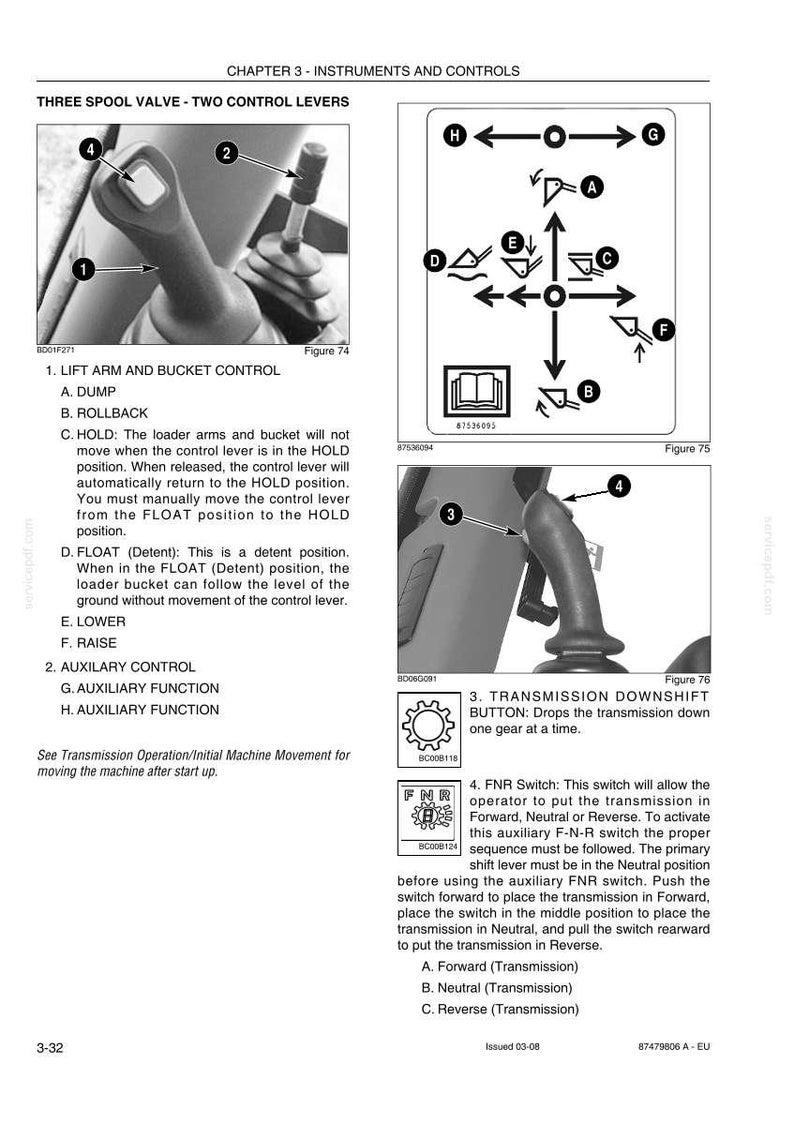 Puede incluir: Diagrama de un panel de control con palancas y botones. Incluye ilustraciones de una v&aacute;lvula de tres carretes, controles auxiliares y un bot&oacute;n de reducci&oacute;n de la transmisi&oacute;n. Las etiquetas de texto identifican cada componente y funci&oacute;n.