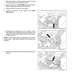 May include: Diagram of a Diesel Exhaust Fluid (DEF) / AdBlue filter removal procedure. The image shows close-up views of the filter and related components, with arrows indicating steps. Text instructions are included.