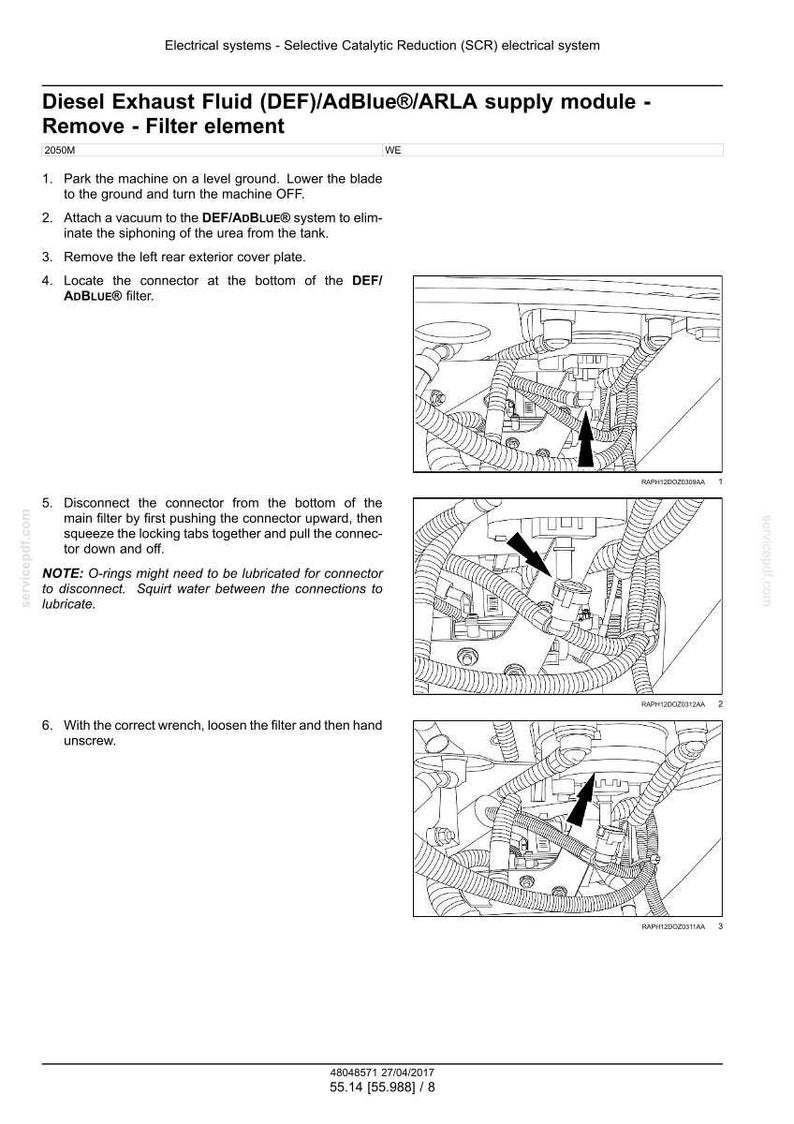 May include: Diagram of a Diesel Exhaust Fluid (DEF) / AdBlue filter removal procedure. The image shows close-up views of the filter and related components, with arrows indicating steps. Text instructions are included.