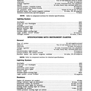 May include: A black and white document with specifications for a vehicle's electrical system, including lighting, resistors, and circuit breakers. Text includes voltage, amperage, and resistance values. The document is titled "SPECIFICATIONS WITHOUT INSTRUMENT CLUSTER".