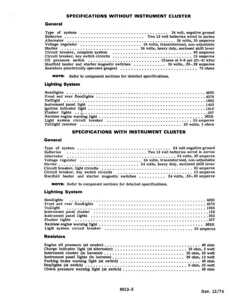 May include: A black and white document with specifications for a vehicle's electrical system, including lighting, resistors, and circuit breakers. Text includes voltage, amperage, and resistance values. The document is titled "SPECIFICATIONS WITHOUT INSTRUMENT CLUSTER".