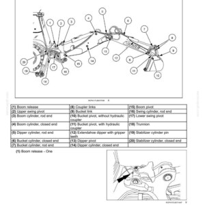 May include: Diagram of a backhoe/extendahoe with labeled parts. Key components include boom release, bucket link, dipper cylinder, and stabilizer cylinder. The image is a technical illustration for maintenance.