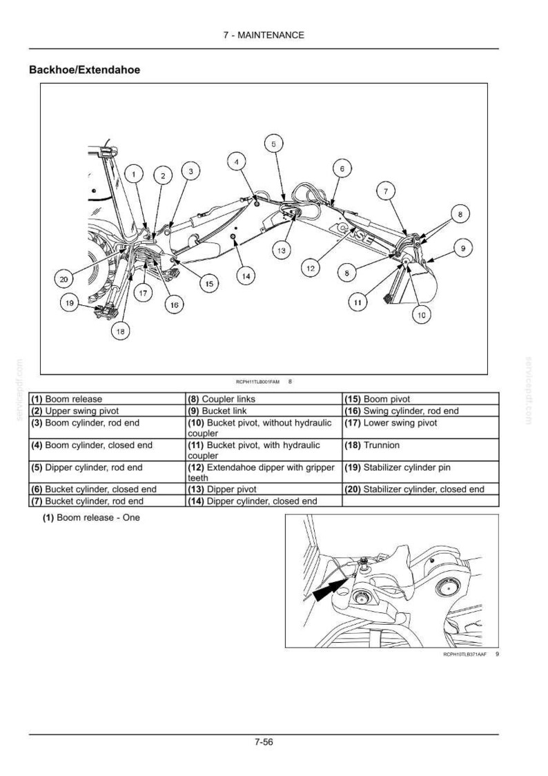 May include: Diagram of a backhoe/extendahoe with labeled parts. Key components include boom release, bucket link, dipper cylinder, and stabilizer cylinder. The image is a technical illustration for maintenance.
