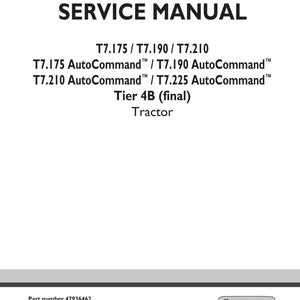 May include: A white service manual cover with black text. The title "SERVICE MANUAL" is at the top. Below are model numbers and "Tractor Tier 4B (final)". The New Holland Agriculture logo is in the bottom right.
