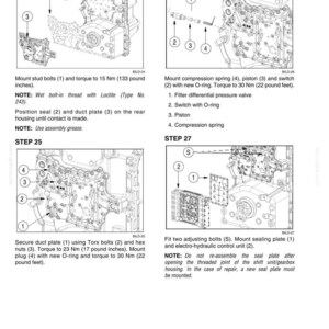 May include: Diagrams illustrating engine assembly steps, including mounting bolts, seals, and plates. Instructions detail torque specifications in pound-feet and pound-inches, and the use of Loctite and assembly grease.
